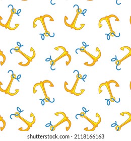 Seamless pattern with a cute yellow ship anchor on a white background. Vector illustration in a minimalistic flat style, hand drawn. Cute nautical print for print design, postcards