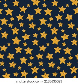 Seamless pattern with cute yellow stars on a blue background. Vector illustration of doodles.