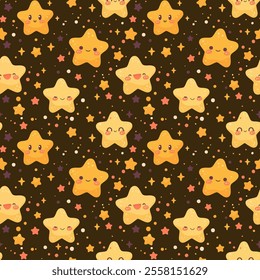 Seamless pattern of cute yellow stars on a dark background. Perfect for kids' products, wrapping paper, or digital designs.