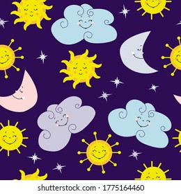 Seamless pattern. Cute yellow sun, moon and clouds on a purple background with closed eyes. Vector. Design, decor, packaging, printing, wallpaper, textiles, summer illustrations.