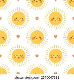 Seamless pattern with cute yellow suns with smiling faces and hearts on white background. Morning, sunny weather. Simple childish print. Vector flat illustration for wallpaper, textile, packaging 