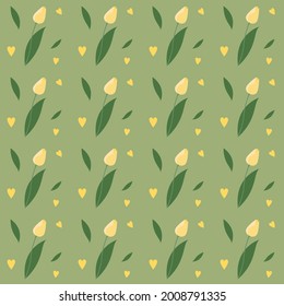 Seamless pattern with cute yellow tulips on green background. Endless texture for easter and spring design, greeting cards, fabrics, announcements, posters. Vector illustration.