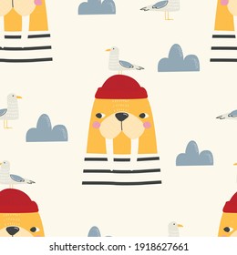 Seamless pattern of cute yellow walrus and sea gull on white background. Vector illustration for printing on packaging paper fabric, postcards, posters, banners. Cute baby background.