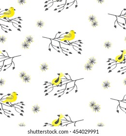 Seamless pattern with cute yellow watercolor birds and black branches isolated on white. Vector background.