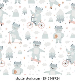 Seamless pattern with cute yeti on bicycle, kick scooter and skateboard.