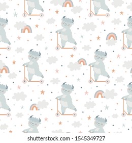 Seamless pattern with cute yeti on kick scooter with rainbows, clouds and stars on white background.
