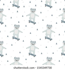 Seamless pattern with cute yeti on skateboard on white background.