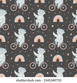 Seamless pattern with cute yeti on bicycle with rainbows and stars on black background.