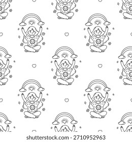Seamless Pattern with Cute Yoga Girl. Happy Female Character Meditating with Rainbow and Heart on White background. Outline Hand-Drawn Doodle. Vector Illustration. Not AI