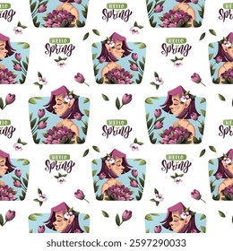 Seamless pattern with cute young woman and flowers. Spring time, nature, beauty. Vector illustrations for scrapbooking, background, wrapping paper.