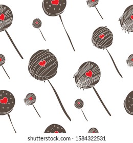 Seamless pattern with cute and yummy chocolate pops stock vector illustration on white background. Pastry sweets vector bakery products desserts.