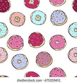 Seamless pattern with cute yummy donuts in vivid bright colors