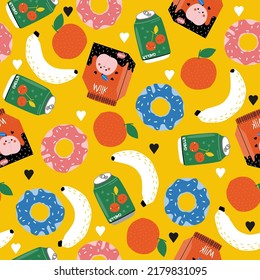 Patrón sin foco con deliciosos alimentos y bebidas. Ilustración dibujada a mano por vectores.