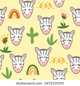 Seamless pattern with cute zebra animal faces. Illustration in boho style, dream catcher, cactus, palm trees, tropics