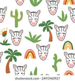 Patrón sin fisuras con caras de animales de cebra lindos. Ilustración en estilo boho, atrapasueños, cactus, palmeras, trópicos