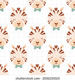 Patrón sin brillo con cebra linda en corbata de arco. Antecedentes con animales salvajes de estilo plano. Ilustración para niños. Diseño de papel pintado, tela, textiles, papel de envoltura. Vector