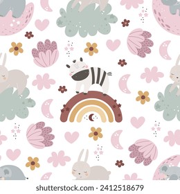 Seamless pattern with cute zebra, bunny, elephant, decor elements. simple flat vector. Hand drawing for children. animal theme. baby design for fabric, textile, wrapper, print.
