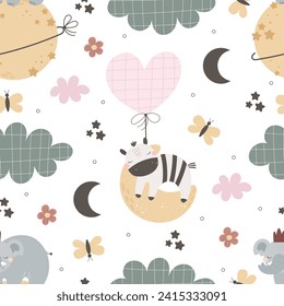 Seamless pattern with cute zebra, elephant, decor elements. simple flat vector. Hand drawing for children. animal theme. baby design for fabric, textile, wrapper, print.