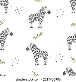 Seamless pattern with cute zebra on a white background. Vector childish illustration