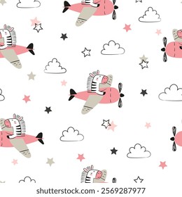 Seamless pattern with cute zebra on plane. Baby print with cartoon pilot