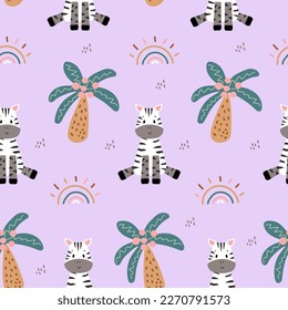 Seamless pattern with a cute zebra, palm trees, and rainbow. African charming animal and plant in a flat style. Suitable for the design of children's textiles, wrapping paper, background. Cartoon.