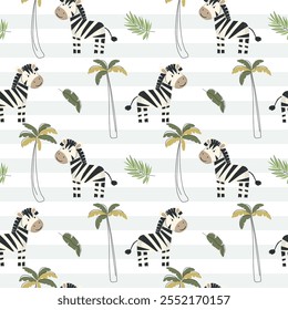 Padrão contínuo com zebra bonito e palmeiras. Fundo de selva infantil. Papel de parede tropical.
