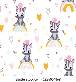Seamless pattern with cute zebra and rainbow. Seamless pattern for fabric, paper, wrapping and other
