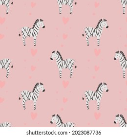 Seamless pattern with cute zebras and hearts, on a pink background. For baby textiles, wrapping paper.