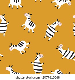 Seamless Pattern. Cute Zebras on Yellow Background. Vector Illustration for Textiles and Packaging