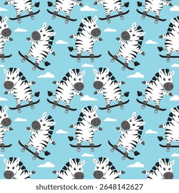 Seamless pattern of cute zebras skateboarding on a sky blue background with fluffy white clouds. Vector Illustration. Perfect for baby products, nursery decor and fabric prints.