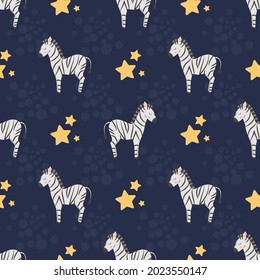 Seamless pattern with cute zebras and stars, on a dark background. For children's design, textiles, wrapping paper and packaging.