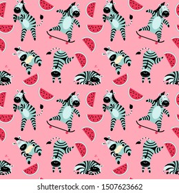 Seamless pattern with cute zebras and watermelon on pink background. Flat vector illustration.