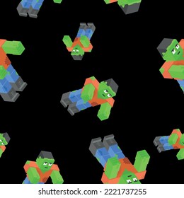 Seamless pattern with cute zombie created by joining cubes.