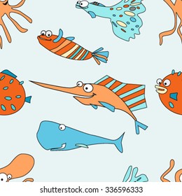  Seamless pattern with Cute/baby Sea Creatures/ fish