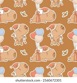 Seamless pattern with cutie Christmas Capybara Santa on brown background. New Year Funny cartoon kawaii character backdrop template. Vector illustration. Kids holiday collection