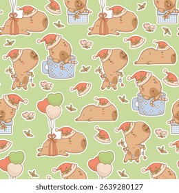 Seamless pattern with cutie Christmas Capybara on green background. New Year Funny cartoon kawaii character template packaging. Vector illustration. Kids holiday collection