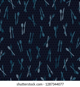 Seamless pattern of a cutlery (fork, knife and spoon). Background with dots. Easy to edit colors in Illustrator (vector eps 10).