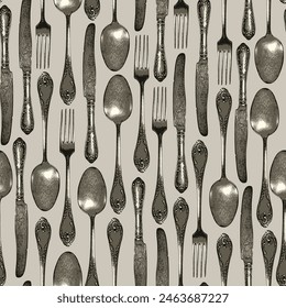 seamless pattern with cutlery fork spoon and knife in vintage style. Suitable for vintage Wallpaper, wrapping paper, fabric