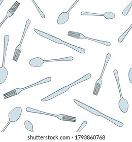 seamless pattern of Cutlery knife, fork, spoon vector doodle line art style on white background. Design for menu restaurant and cafe. Kitchen cutlery.