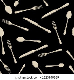 seamless pattern of Cutlery knife, fork, spoon vector doodle line art style on black vintage background. Design for menu restaurant and cafe. Kitchen cutlery