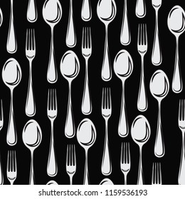 Seamless pattern, cutlery of a spoon with a fork on a black background