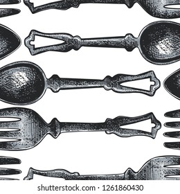 
Seamless pattern with cutlery.Sketch of spoons and forks on a white background.Vector vintage illustration.
