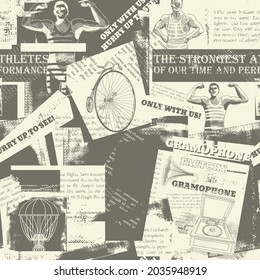 Seamless Pattern Of Cut-out Articles From Retro Newspapers. With A Collage Of Newspaper Clippings, Vintage Items And Unreadable Text.