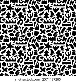 Seamless pattern with cutout organic shapes and geometric figures. Hand drawn organic cut out abstract forms. Plants and basic shapes wallpaper. Vector contemporary naive print with primitive forms.