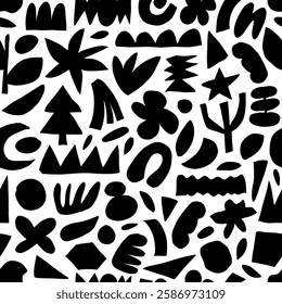 Seamless pattern with cutout organic shapes and geometric figures. Hand drawn organic cut out abstract forms. Plants and basic shapes wallpaper. Vector contemporary naive print with primitive forms.