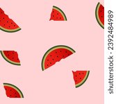 seamless pattern of cuts and slices of fresh red watermelon, green fruit skin on a pink background