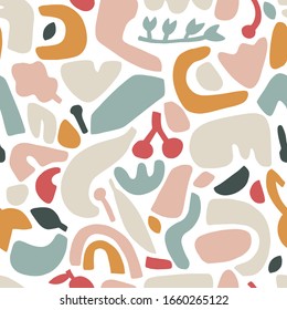 Seamless pattern cutted paper collage in pastel palette. Modern trend set in Scandinavian flat style. Vector collection of abstract shapes with plant elements.