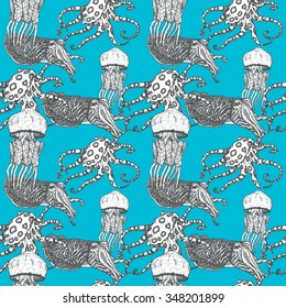 Seamless pattern with cuttlefish, jellyfish and octopus. Ink drawn sea creatures on turquoise blue background
