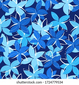 Seamless pattern with cyan and blue flowers on a dark blue background. Flat image with a summer theme.