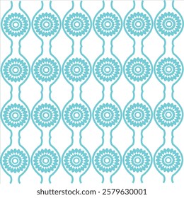 Seamless pattern of cyan color tiles with geometrical and floral ornaments in azulejo ceramic style.